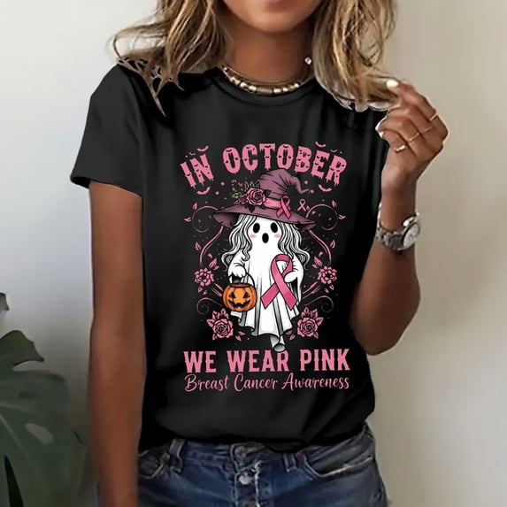 Domuza Breast Cancer Shirts for Women Hummingbird Print Cancer Survivor Short Sleeve Crew-Neck T-Shirts ,in October We Wear Pink Top L