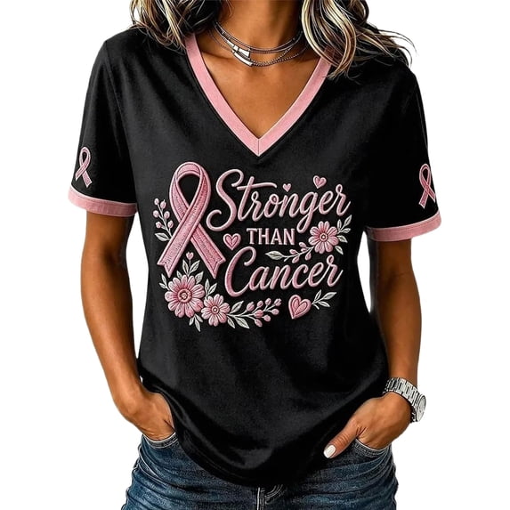 Domuza Breast Cancer Shirts for Women Pink Ribbon Graphic Cancer Survivor Short Sleeve V Neck Shirts ,in October We Wear Pink Tops M