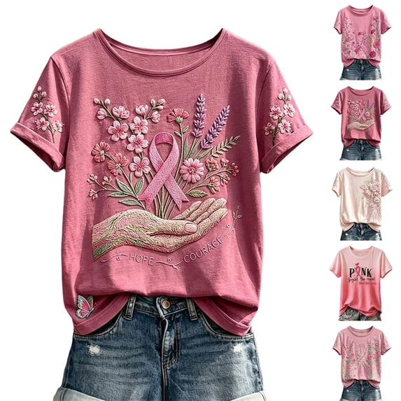 Domuza Breast Cancer Shirts for Women Pink Ribbon Wings Graphic Cancer Survivor Short Sleeve Crew Neck Shirts ,in October We Wear Pink Top XL