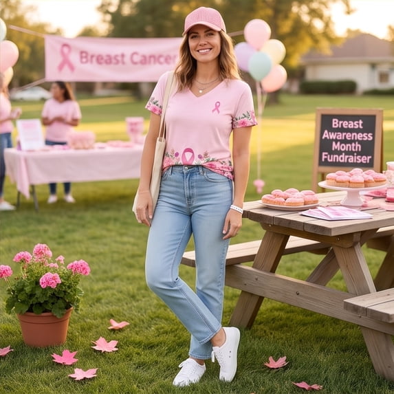 Domuza Breast Cancer Shirts for Women Pink Ribbon Wings Graphic Cancer Survivor Short Sleeve V Neck Tee Shirts ,in October We Wear Pink T-Shirts XL