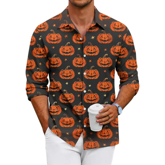 Domuza Button Down Shirt Men Long Sleeve Halloween Funny Novelty Print Loose Fit T Shirts Casual Lightweight Collared Blouse for Halloween Party Ginger XL
