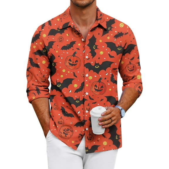 Domuza Button Down Shirt Men Long Sleeve Halloween Horror Funny Print Relaxed Fit T Shirt Casual Lightweight Lapel Dress Shirts for Halloween Party Orange L
