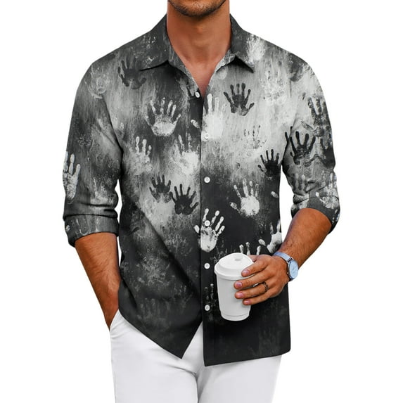 Domuza Button Down Shirt Men Long Sleeve Halloween Horror Funny Print Relaxed Fit T-Shirt Lightweight Casual Lapel Dress Shirts for Halloween Party Dark Gray XL