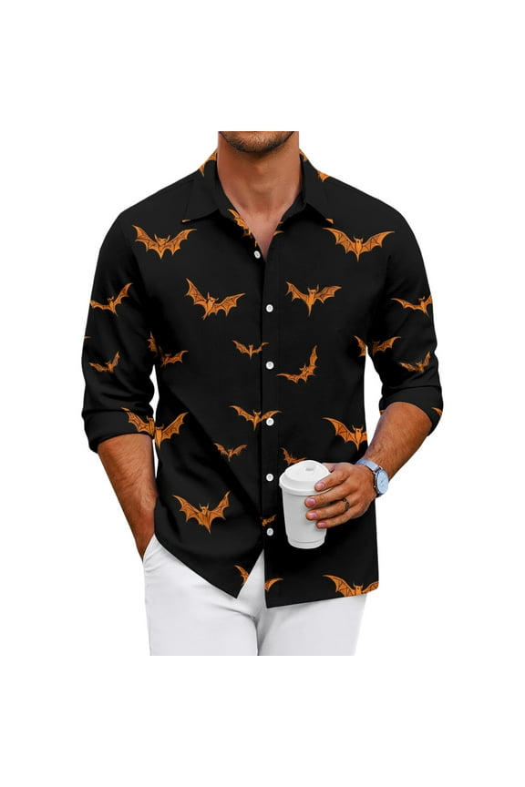 Button Up Shirt Men Long Sleeve Halloween Novelty Horror Print Loose Fit T Shirts Casual Lightweight Lapel Dress Shirts for Halloween Party Black XL