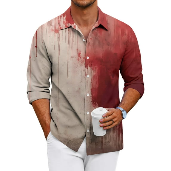 Domuza Button Up Shirt Men Long Sleeve Halloween Novelty Novelty Print Loose Fit Tshirts Lightweight Casual Lapel Dress Shirts for Halloween Party Vermilion 3XL