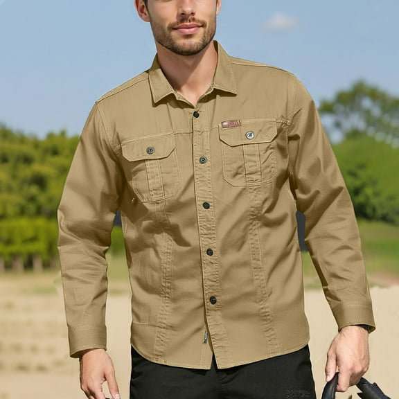 Domuza Button Down Shirts for Men Classic Western Vintage Long Sleeve Work Shirts Casual Lightweight Breathable Loose Fit T Shirts with Pockets Khaki L