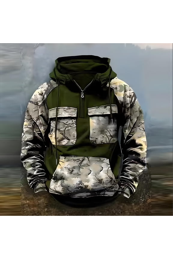 Camo Hoodies Men Fleece Quarter Zipper Drawstring Cargo Hooded Sweatshirt Fall Winter Retro Relaxed Fit Pullover with Pockets Army Green 2XL