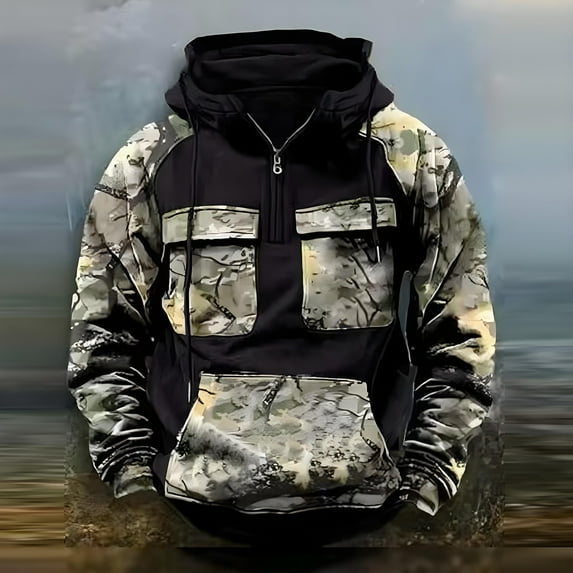 Domuza Camo Hoodies for Men Fleece Quarter Zipper Drawstring Cargo Hooded Sweatshirt Fall Winter Vintage Loose Fit Pullover with Pockets Black 2XL