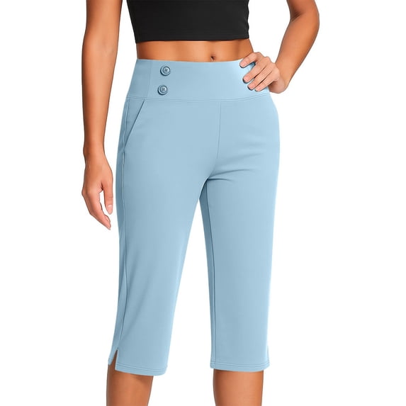 Domuza Capri Pants Women Casual High Waist Stretch Golf Pant New Trendy Workout Yoga Work Business Capris with Pockets Light Blue XL