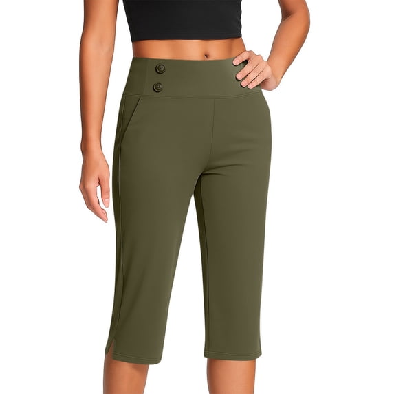 Domuza Capri Pants for Women Casual High Waist Stretch Golf Pants Summer Fashion Workout Yoga Work Business Capris with Pockets Army Green XL