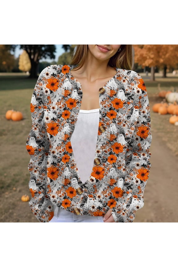 Cardigan Sweaters Women Halloween Funny Novelty Print Long Sleeve Cable Knit Sweaters Fall Winter Casual Lightweight Button Down Blouse Khaki 4XL