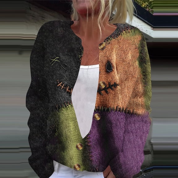 Domuza Cardigan Sweaters for Women Halloween Funny Spooky Graphics Long Sleeve Knitted Sweaters Fall Winter Casual Lightweight Button Up Blouse Ginger S
