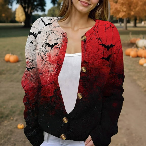 Domuza Cardigan Sweaters Women Halloween Spooky Funny Graphics Long Sleeve Knitted Sweaters Fall Winter Casual Lightweight Button Down Blouse Wine M