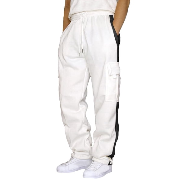 Domuza Cargo Pants for Men Baggy Stretch Waist Drawstring Workout Athletic Pants Casual Trendy Fleece Straight Leg Joggers with Pockets White 3XL