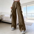 thumbnail image 1 of Domuza Cargo Pants for Women Casual Relaxed Fit Elastic Drawstring Wide Leg Pants 2026 Summer Fashion Hiking High Waist Trousers with Pockets Brown S, 1 of 4