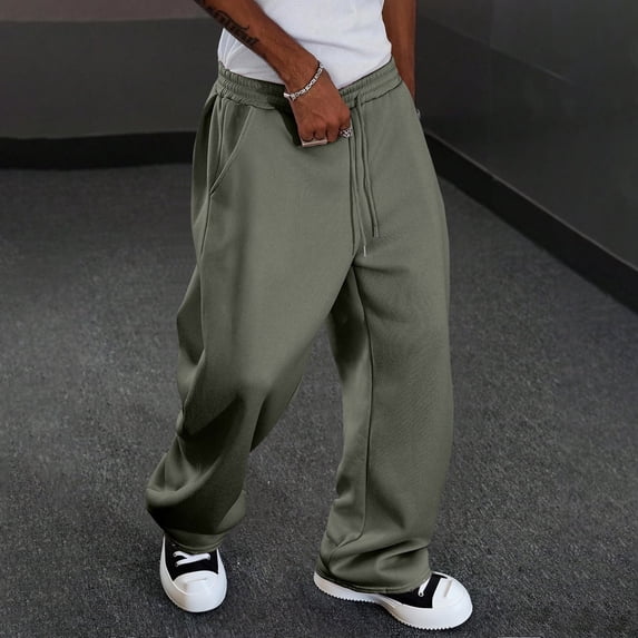 Domuza Casual Baggy Pants for Men Drawstring Stretch Wide Leg Lounge Travel Pants Streetwear with Pockets Army Green XL