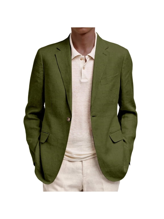Casual Blazer Men Classic Business Elastic One Button Suit Jacket Trendy Herringbone Slim Fit Long Sleeve Collared Sport Coat Army Green M