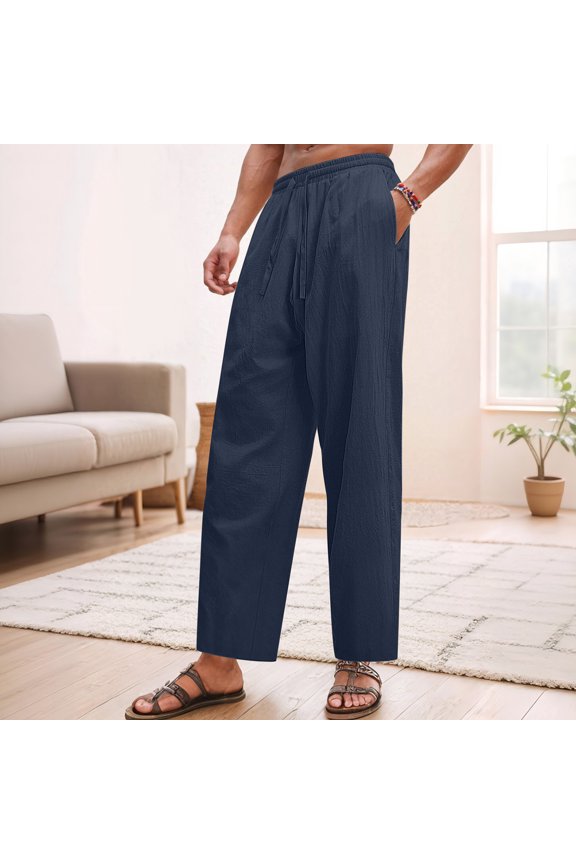 Casual Linen Pants for Men Elastic Waist Drawstring Summer Beach Pants Lightweight Loose Fit Yoga Trousers Navy XL