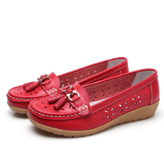 Domuza Casual Loafers for Women Metal Buckle Breathable Comfortable Leather Slip on Moccasins Loafers Shoes Driving Outdoor Walking Womens Flats Red 8(EU-40)