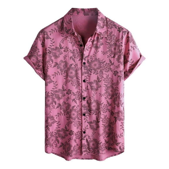 Domuza Casual Shirts for Men Hawaiian Short Sleeve Beach Shirts Tropical Flower Printed Button Up Tshirts Lapel Holiday Summer Top Pink XXL