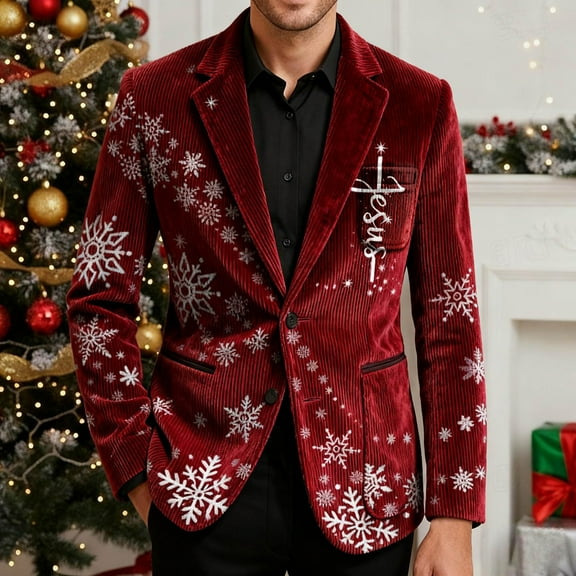 Domuza Christmas Blazer Men Funny Holiday Notch Lapel Corduroy Suit Jacket Fashion Casual Classic Fit Buttons Single Breasted Sport Coat Wine XL