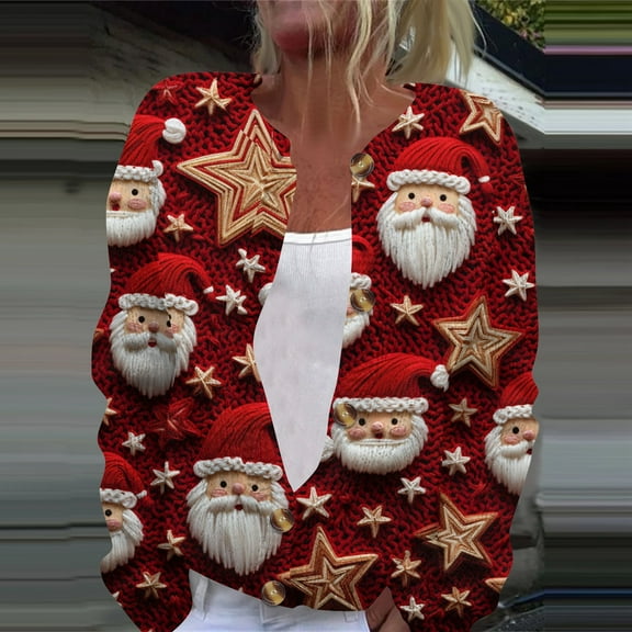 Domuza Christmas Cardigan Sweaters for Women Xmas Print Long Sleeve Cable Knit Sweaters Fall Winter Lightweight Casual Button Down Tops Red XL