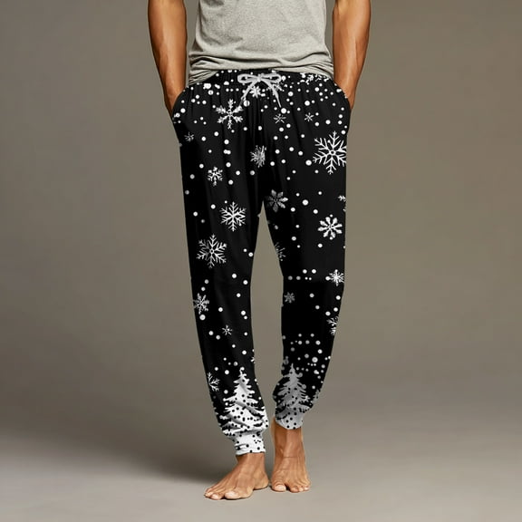 Domuza Christmas Pajamas for Men Pants Soft Comfy Stretch Drawstring Jogger Sleep Pants Lightweight Casual Relaxed Fit Lounge Pjs Trousers with Pockets Black 3XL