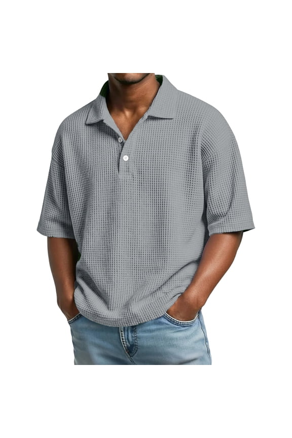 Collared Half Sleeve Waffle Shirts for Men 1/4 Button Up Loose Fit Casual Pullover Trendy Spring Tops Gray XL