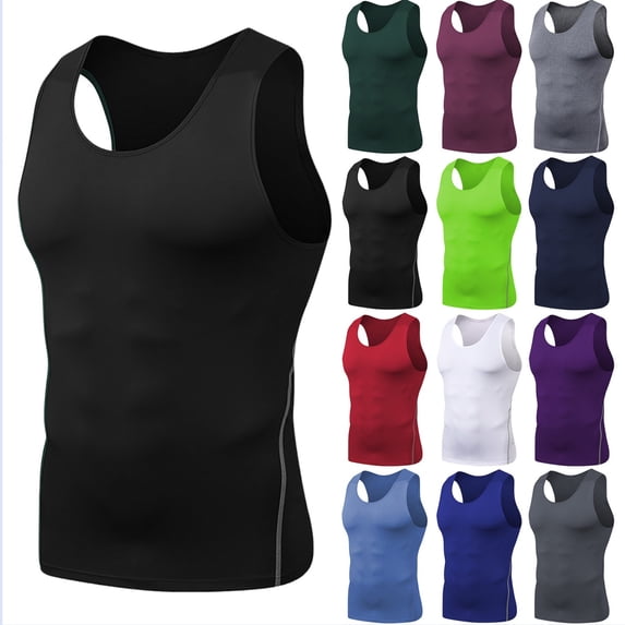 Domuza Compression Shirts Men Casual Workout Gym Sleeveless Crew-Neck Base Layer Tshirts Summer Sports Blouses for Gym Running Basketball Black M