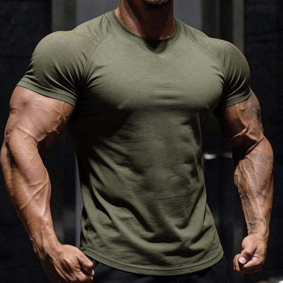 Domuza Compression Shirts for Men Active Crew Neck Tee Moisture Wicking Mens Workout Shirts Army Green L