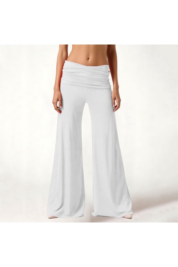 Coral Fold Over Yoga Pants for Women Low Waisted Wide Leg Leggings Casual Palazzo Flowy Pants Elegant Culottes White 2XL