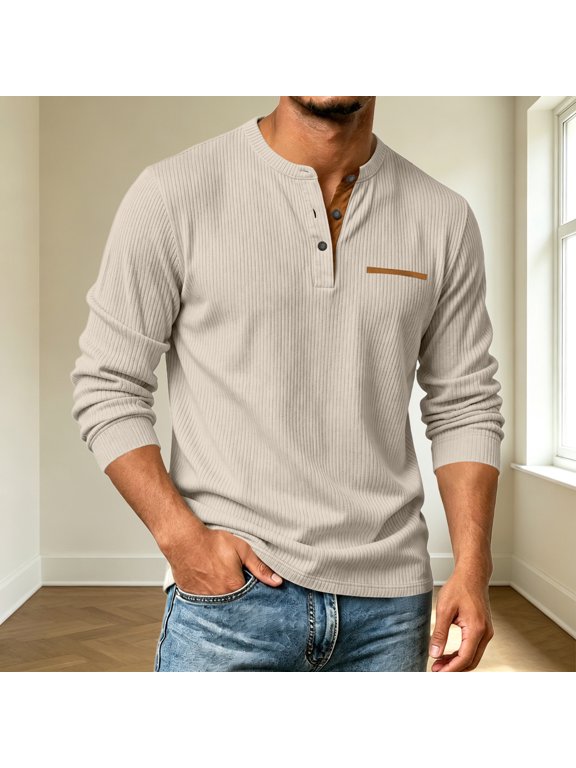 Corduroy Henley Shirts for Men Casual Button Down Shirt Fall Fashion Plain Long Sleeve Tees Comfy Soft Tops