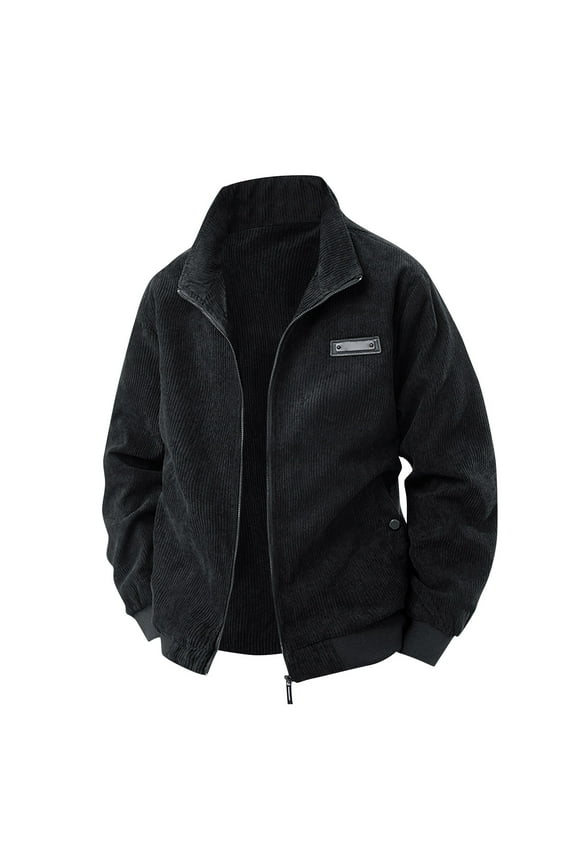 Corduroy Jacket Men Comfy Casual Stand Collar Zip Up Vintage Jackets Fall Winter Trendy Relaxed Fit Solid Outerwear with Pockets Black L