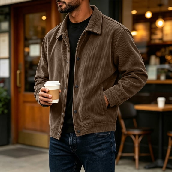Domuza Corduroy Jacket for Men Button Down Vintage Long Sleeve Jacket Fall Winter Casual Relaxed Fit Lapel Collar Coat