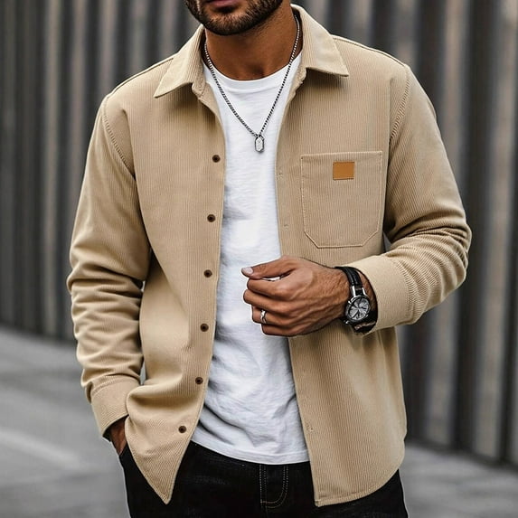 Domuza Corduroy Jacket for Men Casual Comfy Button Up Long Sleeve Shacket Jacket Fall Winter Stylish Relaxed Fit Solid Outerwear with Pockets Khaki L