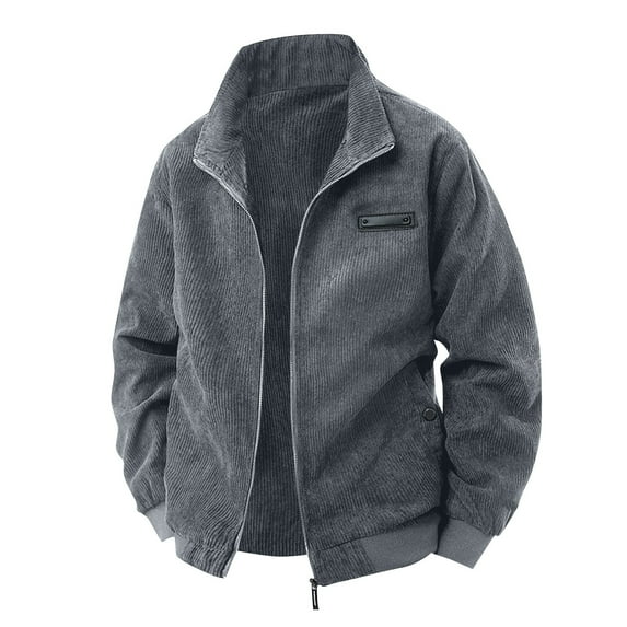 Domuza Corduroy Jacket for Men Comfy Casual Mock Neck Zip Up Vintage Jackets Fall Winter Trendy Relaxed Fit Solid Sweatshirt with Pockets Gray XL