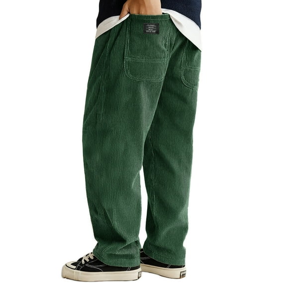 Domuza Corduroy Pants Men Straight Leg Stretch Waist Drawstring Lounge Sweatpants Casual Stylish Relaxed Fit Solid Color Pants with Pockets Dark Green L