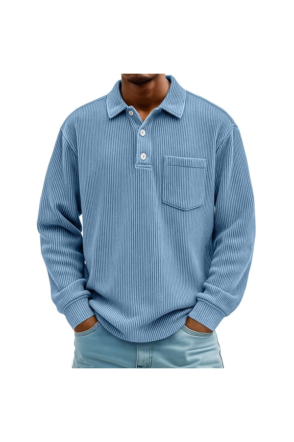 Corduroy Polo Shirts Men Vintage Textured Button Up Long Sleeve Tshirts with Pocket Fall Lightweight Loose Fit Lapel Pullover Top Sky Blue M