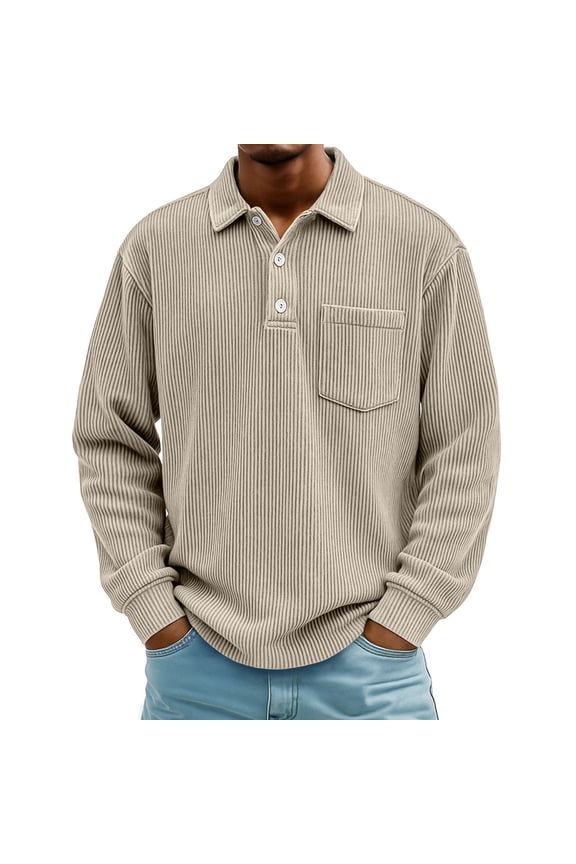 Corduroy Polo Shirts Men Vintage Textured Long Sleeve Button Up T-Shirts with Pocket Fall Lightweight Loose Fit Collared Pullover Khaki 3XL
