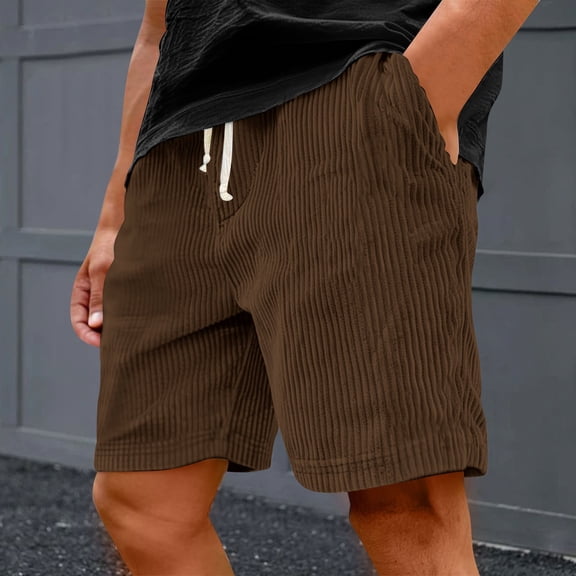 Domuza Corduroy Shorts Men Casual Comfort Elastic Waist Drawstring Beach Shorts Fashion Lightweight Breathable Loose Fit Shorts with Pockets Brown 3XL
