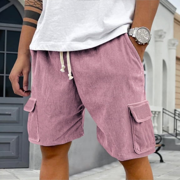 Domuza Corduroy Shorts Men Casual Comfort Stretch Waist Drawstring Beach Shorts Trendy Lightweight Breathable Loose Fit Shorts with Pockets Pink L