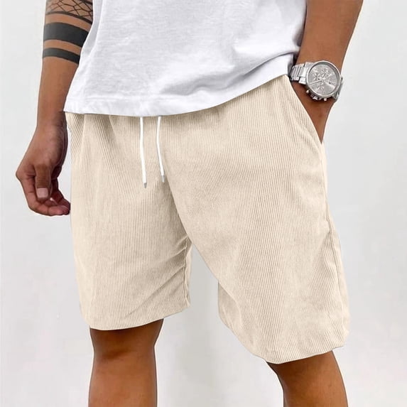 Domuza Corduroy Shorts for Men Casual Elastic Waistband Big and Tall Shorts Solid Color Lightweight Work Short with Pockets Beige XL