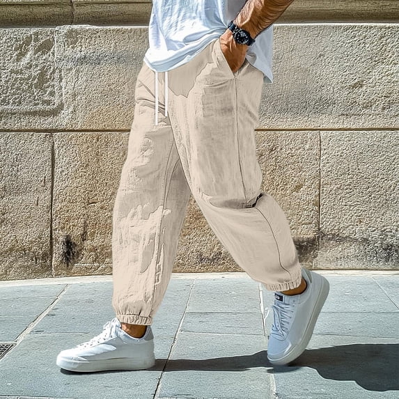 Domuza Cotton Linen Pants for Men Elastic Waist and Ankle Drawstring Baggy Style Lightweight Breathable Beach Pants Khaki L