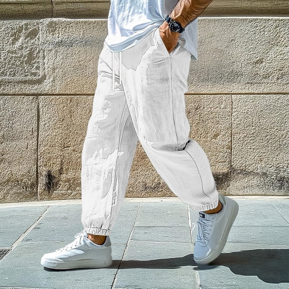 Domuza Cotton Linen Pants for Men Elastic Waist and Ankle Drawstring Baggy Style Lightweight Breathable Beach Pants White L