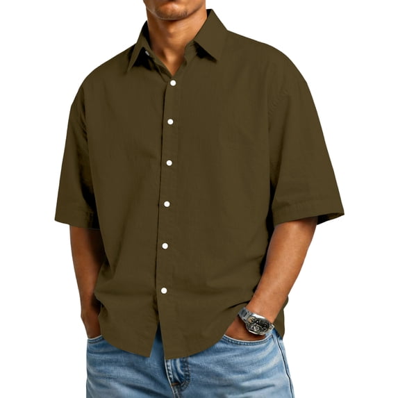 Domuza Cotton Linen Shirts for Men Casual Short Sleeve Collared Button-Up T Shirts Summer Fashion Vacation Beach Relaxed Fit Holiday Top Coffee M