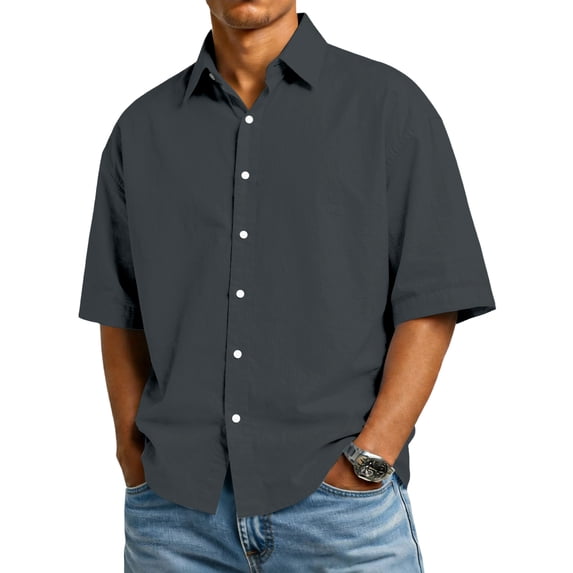 Domuza Cotton Linen Shirts Men Casual Short Sleeve Lapel Button T-Shirts 2026 New Fashion Vacation Beach Loose Fit Holiday Tops Dark Gray M