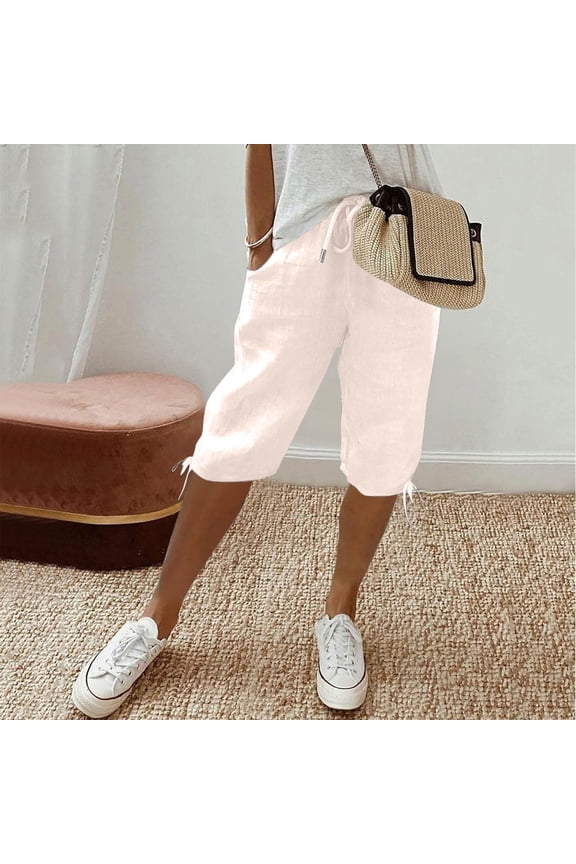 Cotton Linen Shorts Women Casual Stretch Wasit Drawstring Knee Length Bermuda Shorts Summer 2026 Stylish Loose Fit Beach Vacation Shorts Beige L