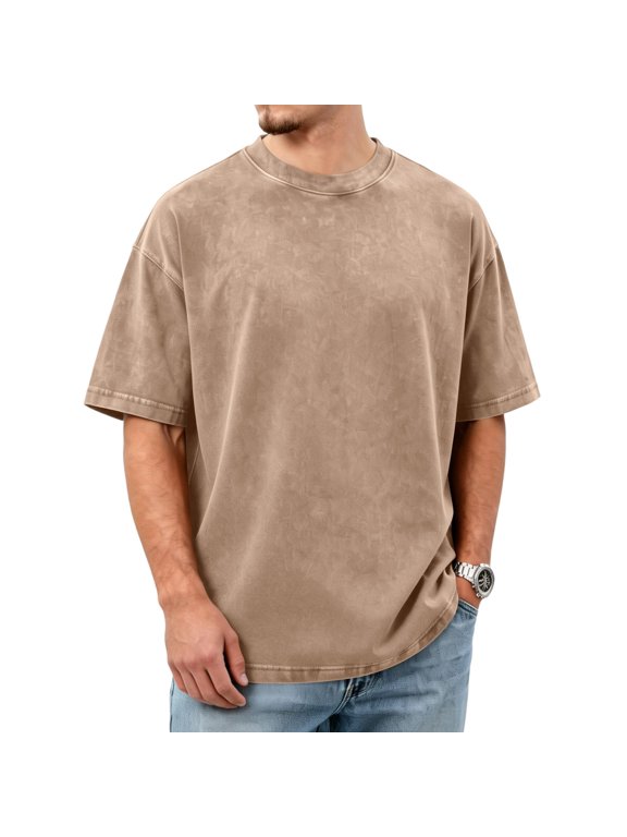 Cotton Shirt for Men Loose Fit Distressed Casual Half Sleeve T-Shirt Summer Retro Style Crewneck Pullover Khaki 3XL