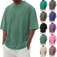 thumbnail image 1 of Domuza Cotton Shirt for Men Loose Fit Distressed Washed Casual Half Sleeve T-Shirt Summer Retro Style Crewneck Pullover Dark Green L, 1 of 4