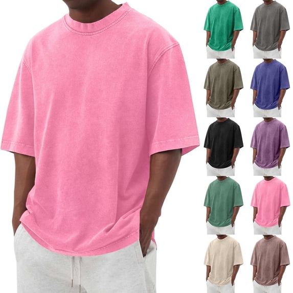Domuza Cotton Shirt for Men Loose Fit Distressed Washed Casual Half Sleeve T-Shirt Summer Retro Style Crewneck Pullover Watermelon Red L